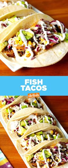 fish tacos with cole slaw, lettuce, and sauce on them