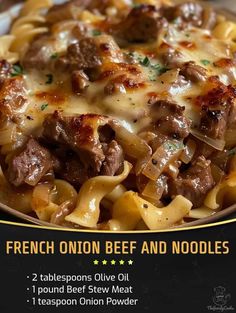 the menu for french onion beef and noodles is displayed on a black background