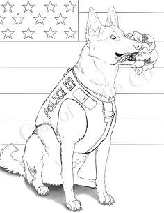 a police dog sitting in front of an american flag