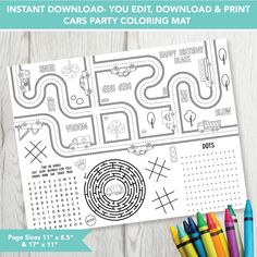 the printable car party coloring mat with markers and crayons