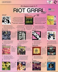 a pink poster with many different types of records on it's back side and the words riot garl written in black