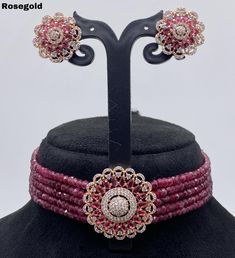 Beautiful Indian Kundan choker beaded necklace with American diamond pendant in silver or rose gold plating. These Gorgeous and pretty, fine Kundan choker necklace comes with matching pair of earrings. Jewelry Indian Wedding, Kundan Choker Necklace, Indian Choker Necklace, Pink Choker, Jewelry Rose Gold, American Diamond Necklaces, Kundan Choker, Oxidized Necklace, Bangle Ring