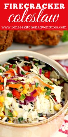 a white bowl filled with coleslaw slaw next to some fried chicken patties