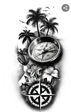 a black and white drawing of a compass, palm trees, and other tropical items