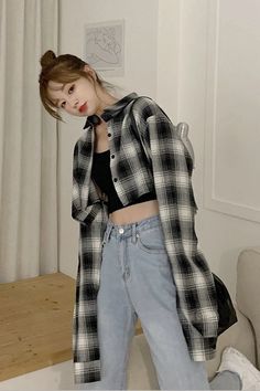 Long Sleeve Sexy Plaid Cropped Shirt – Tomscloth Jeans And T Shirt Outfit Korean, Trendy Long Sleeve Flannel Shirt, Trendy Button-up Flannel Shirt, Trendy Plaid Flannel Shirt, Trendy Long Sleeve Plaid Tops, Grunge Long Sleeve Shirt For Fall, Trendy Collared Flannel Shirt For Spring, Trendy Plaid Long Sleeve Tops, Trendy Plaid Tops