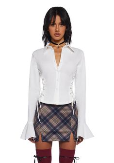 Delia's Academia Collared Poplin Lace Up Long Sleeve Top - White – Dolls Kill Faux Fur Outfit, Dolls Kill Outfits, Fur Costume, Goth Shoes, Collared Top, Fur Clothing, Outfit Formulas, Group Costumes, Collar Top