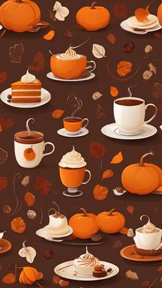 an orange and brown fall themed wallpaper with pumpkins, cupcakes, coffee