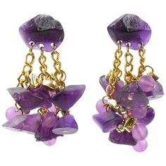 These stunning designer studio oversized chandelier Lucite pierced earrings feature a dimensional dangling shape with gilded metal multi-chain ornate with dangling pebble and bead charms. The pieces boast an intense frosted purple color. These earrings are for pierced ears. There is no visible maker's mark. Measurements: 2 in wide (5 cm) x 3.32 in high (8.4 cm). White Gold Drop Earrings, Dancing Diamond, Gold Chandelier Earrings, Designer Studio, Circle Diamond, Initial Jewelry, Gold Earrings Dangle, Gold Drop Earrings, Pierced Earrings