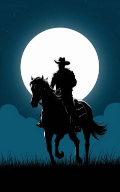 the silhouette of a man riding a horse in front of a full moon