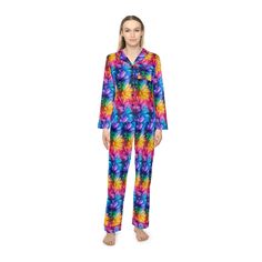 Experience the ultimate in comfort and style with our Vibrant Floral Burst Satin Pajamas, designed for women who love to stand out even while lounging. Made from a luxurious blend of 95% satin polyester and 5% spandex, these pajamas are soft to the touch and feature a custom all-over-print design, adding a splash of color to your nighttime routine. The set includes a stylish notch lapel collar and a drawstring waist, ensuring a perfect fit every time. Elevate your loungewear game with these beau Satin Pyjamas, Pyjama Satin, Nighttime Routine, Sleep Shorts, Sleepwear Sets, Satin Pajamas, Drip Dry, Lapel Collar, Drawstring Waist