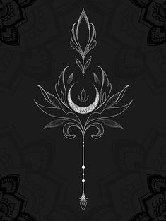 a black and white drawing of a flower on a dark background with an ornate design