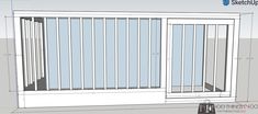 an architectural drawing of a window with bars on the outside and side panels in white