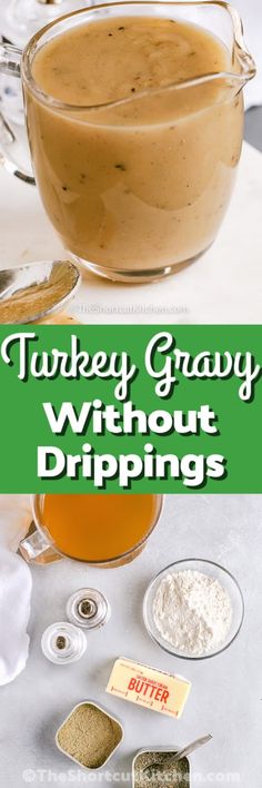 turkey gravy without dippings in a glass bowl with spoons and seasonings