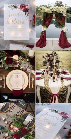 a collage of photos with red and white flowers, greenery, silverware