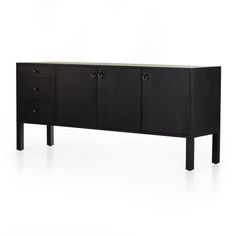 a black cabinet with three drawers and two doors on each side, in front of a white background