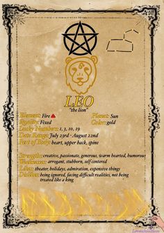 the leo zodiac sign is on display in an old paper with gold foil and black writing