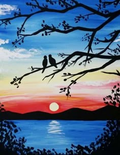 a painting of two birds sitting on a tree branch at sunset with the sun in the distance