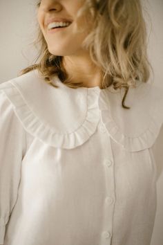 Puritan Collar White Linen Blouse Vintage Blouse Linen | Etsy Bosnia and Herzegovina Cotton Blouse With Collar And Buttons, White Collared Blouse In Relaxed Fit, White Relaxed Fit Blouse With Collar, Classic Cotton Top With Ruffled Collar, Fitted White Shirt With Ruffled Collar, White Fitted Shirt With Ruffled Collar, Cotton Top With Ruffled Collar For Daywear, White Cotton Top With Ruffled Collar, White Workwear Shirt With Peter Pan Collar