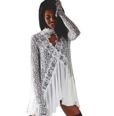 Women's Mini Long Sleeve V Neck Bohemian Chic Party Dress Bohemian Chiffon Dress With Lace Trim, Chic V-neck Lace Party Dress, Beach Chiffon Dress With Lace Trim, Fitted V-neck Boho Dress For Party, Summer Chiffon Dress With Lace Patchwork, V-neck Vacation Dress With Lace Sleeves, Flowy Party Dresses With Lace Sleeves, Flirty Lace Mini Dress For Spring, Chic Chiffon Mini Dress For Spring