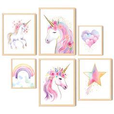 four framed pictures with unicorns, stars and hearts on them in pastel colors