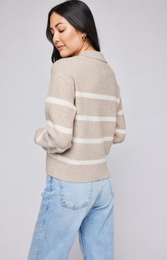 The Beckett sweater is made of a soft yarn in a ribbed knit pattern. Features include a two-tone stripe and collar for a casual yet elevated look. Pullover Cardigan, Graphic Sweaters, Leggings Sale, Knit Pattern, Sleeveless Sweater, Soft Yarn, Sweater Blouse, Tops For Leggings, V Neck Sweater