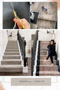 a woman is sitting on the stairs with her hand in front of her face and holding a pair of scissors