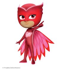 a cartoon character dressed in pink and red with wings on his head, standing up