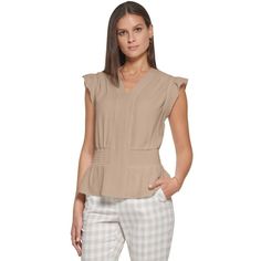 Full Condition: New With Tags Size: L Color: Smock Sand Brown Full Title: Tommy Hilfiger Women's Crinkled Ruffled Smocked Blouse H24tg54a Infuse Feminine Flair To Your Work Wardrobe With Tommy Hilfiger's Ruffled Blouse, Defined By A Smocked Waist. Does Not Apply Sku: 65a10320067de-165a10320067eb Chic Pleated Stretch Top, Pleated Tops For Summer Day Out, Trendy Fitted Pleated Top, Fitted Pleated Top For Day Out, Casual Stretch Pleated Tops, Casual Pleated Stretch Tops, Casual Pleated Tops For Spring, Summer Stretch Pleated Top, Chic Crinkle Texture Blouse For Daywear