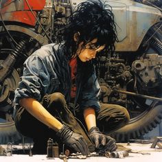 a painting of a woman working on a motorcycle tire with her hands in the ground