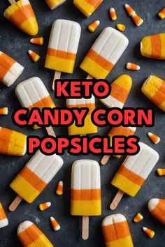 A photo of a  Keto Candy Corn Popsicles which is a type of Keto Halloween Desserts Low Carb Halloween Recipes, Corn Popsicles