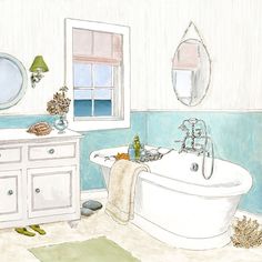 Seaside Spa II Poster Print by Jocelyn Haybittel Image 1 Bathroom Drawings, Bathroom Drawing, Spa Bathroom, Bath Art, Interior Illustration, Pink Bathroom, Watercolor Walls, Selling Artwork, Art Trends