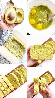 avocado bread is cut in half and placed on a cutting board to be eaten