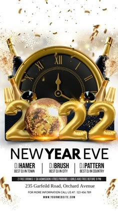 the new year eve flyer is shown with gold numbers and an image of a clock