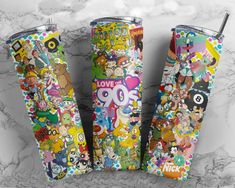 three tumblers with cartoon characters on them and the words free amazing tumbler design included