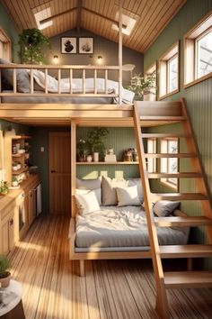 there is a loft bed in the middle of this room with stairs leading up to it