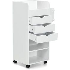 a white cabinet with three drawers and wheels on the bottom shelf is shown in front of a white background