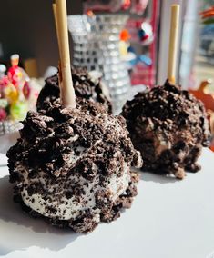 two chocolate covered ice creams sitting on top of a white plate with wooden sticks sticking out of them