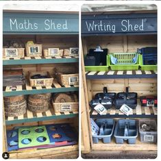 there are two shelves that have different items on them and one has writing shed written on it