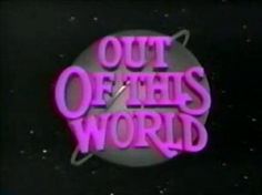 the out of this world logo is shown in front of some stars and purple letters