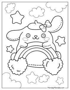 a coloring page with an image of a bunny in the sky and rainbows on it