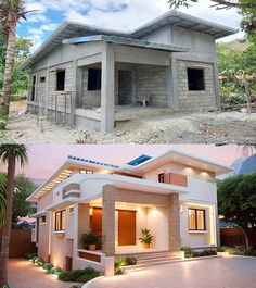 two pictures side by side of a house being built