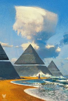 an artistic painting of pyramids on the beach