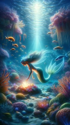 a painting of a mermaid swimming in the ocean surrounded by corals and other marine life