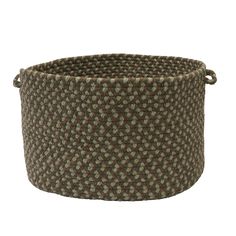 a brown and white basket with dots on it's sides, in front of a white background