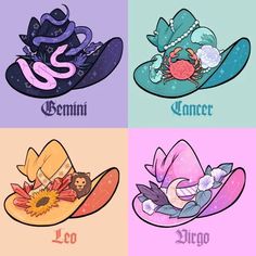 four hats with zodiac signs on them and the names leo, leo, lirgo