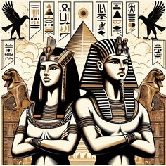 two egyptian women standing next to each other in front of an egyptian pyramid and birds