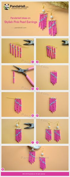 the instructions for how to make pink beaded earrings with scissors and thread on them