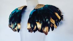 Gold Feather Festival Epaulettes Black Teal Studded Spike Shoulder Pauldrons Cleopatra Costume Mardi Gras Carnival Wings - Etsy Festival Epaulettes, Carnival Wings, Mardi Gras Carnival, Gold Feathers, Gold Tips, Feather Design, Make Design, Performance Art, Mardi Gras