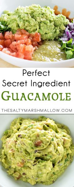 guacamole in a white bowl with the words perfect secret ingredient on top