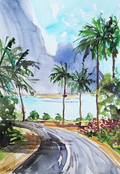 a watercolor painting of palm trees on the side of a road with mountains in the background